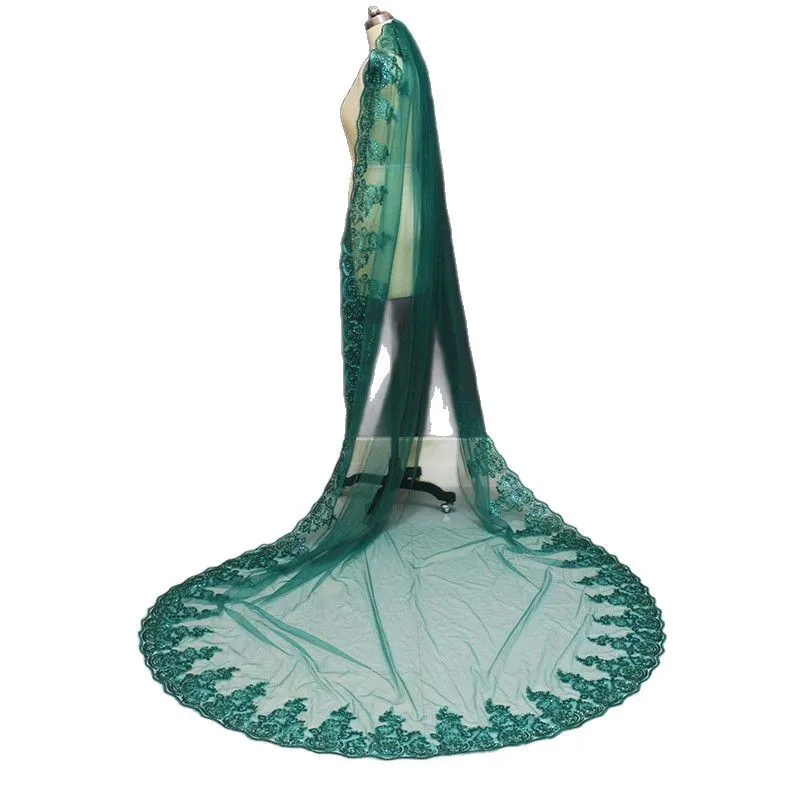 

2025Новые настоящие фотографии, зеленая свадебная фата, одноуровневая кружевная фата с блестками и расческой, красивые свадебные аксессуары