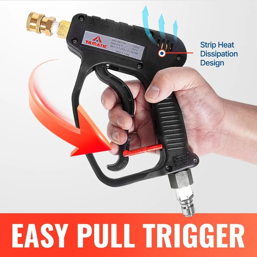 Alat Semprot Tekanan Tinggi YAMATIC Short Gun 5000 PSI Baja Tahan Karat 3/8 Swivel Plug M2214mm Coupler Power Washer Stubby Trigger Handle
