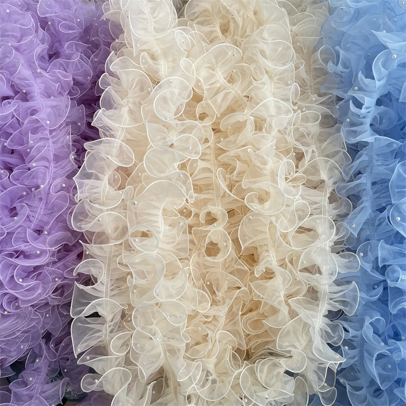 11cm/4.33'' wide Thicken organza pleated beaded lace fabric encrypt pleats handmade decoration fabric X1232