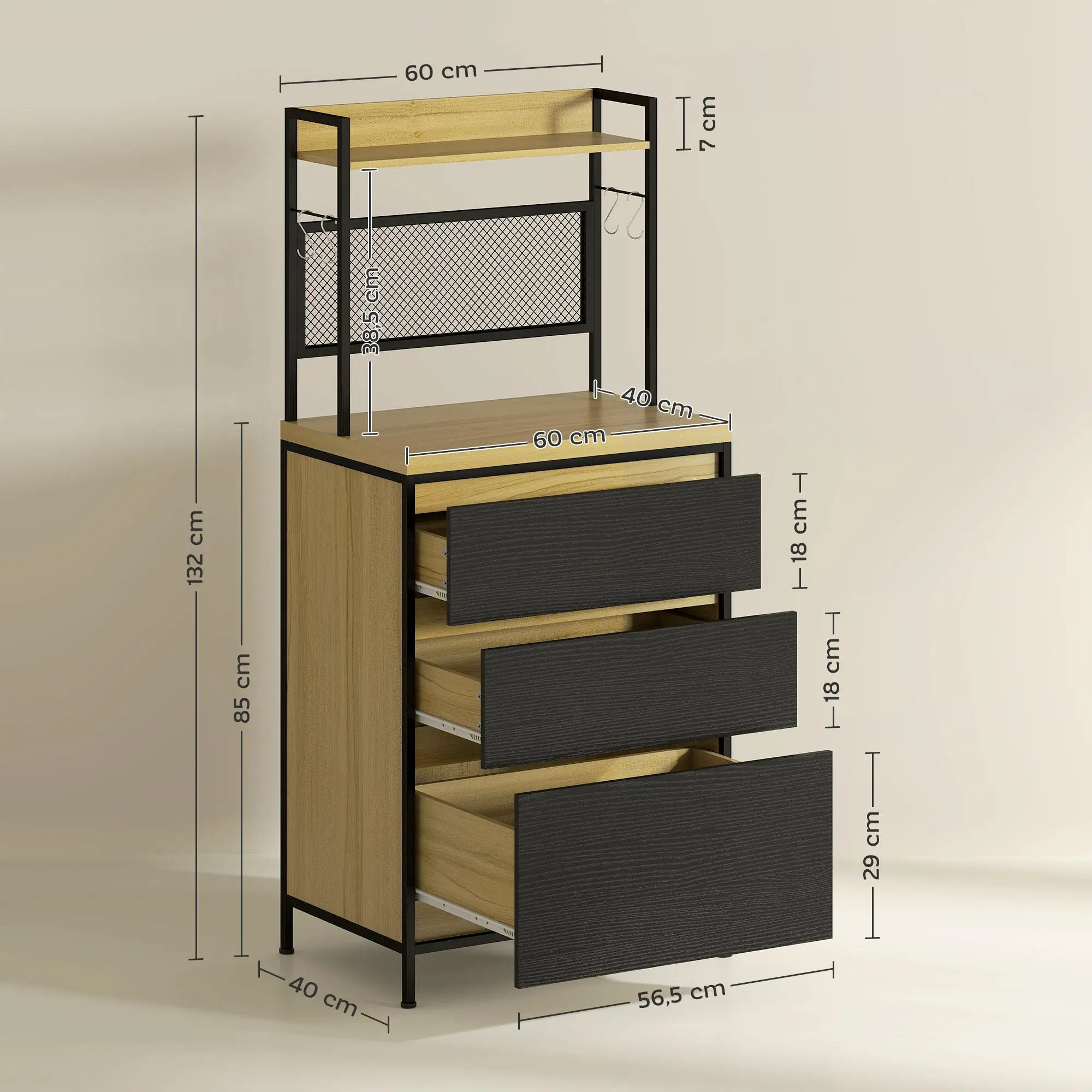 HOMCOM Cómoda de cocina industrial con 3 cajones, estante para platos y 4 ganchos, 60x40x132cm