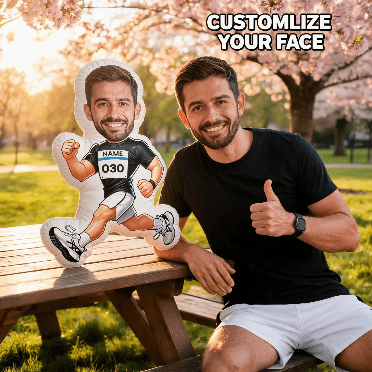 Custom Photo Runner Shaped Pillow, Personalized Marathon Athlete Face Decorative Cushion with Race Bib, Unique Home Decor Accent