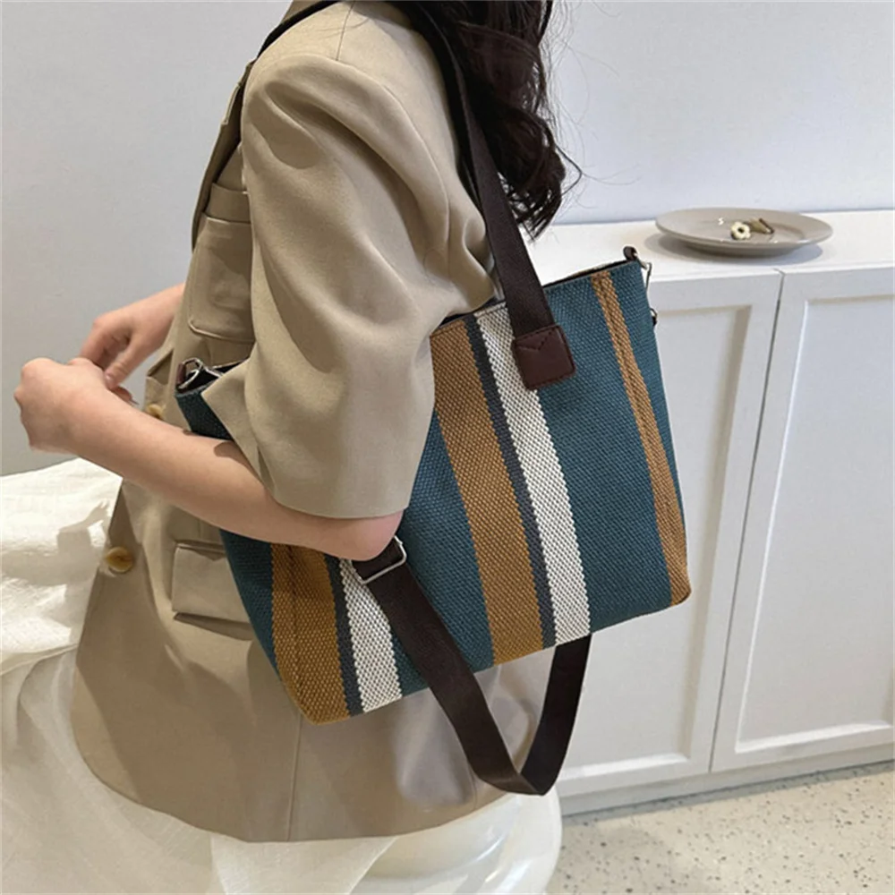 Women\'s Canvas Stripe Tote Bag Eco Reusable Shoulder Bags Large Capacity Handbags Casual Simple Shopping Handbag