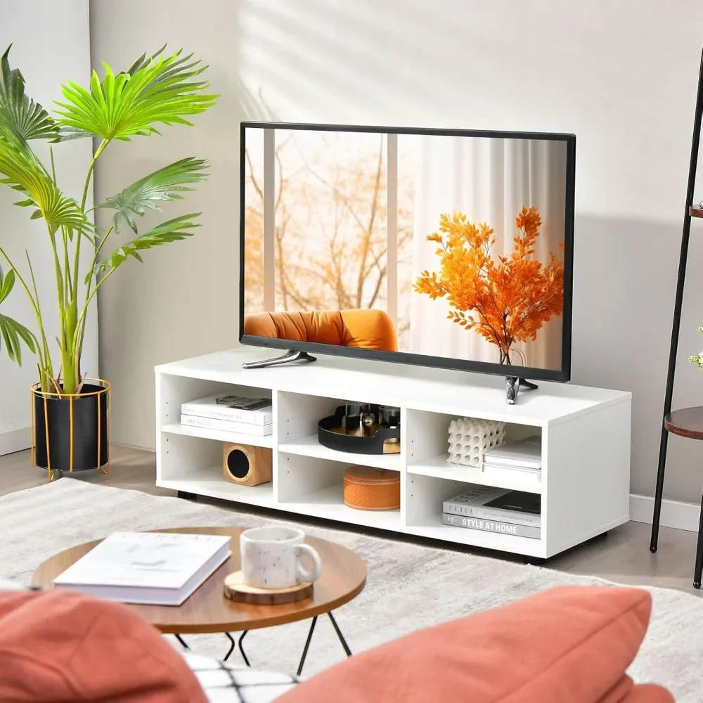 Suporte de TV de 6 cubículos para TVs de até 50 polegadas, mesa de console de TV branca com prateleiras ajustáveis