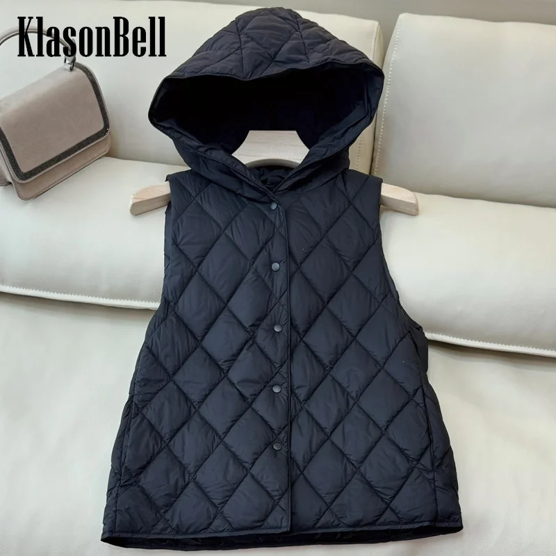 9.5 KlasonBell Women All-matches Fashion 90% White Duck Down Hooded Vest Quilted Argyle Plaid Single Breasted Short Down Vest