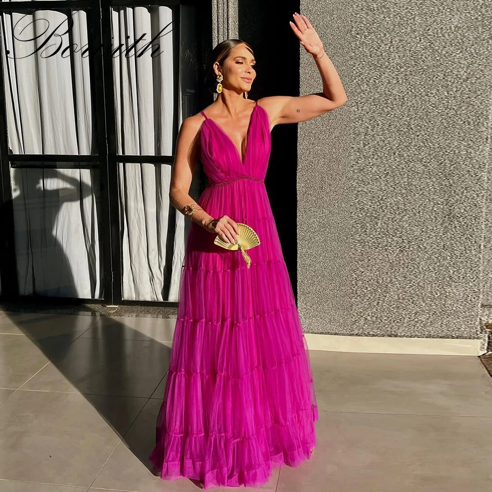 

Bowith Fuchsia Evening Dresses robes de soirée Deep V-Neck Spaghetti Straps A-Line Prom Dresses Soft Tulle Party Dresses