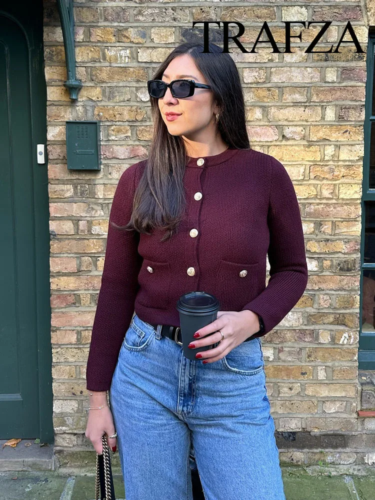 TRAFZA Women's Autumn Chic Coats Wine Red O-Neck Long Sleeves Pockets Single Breasted Cardigans Female Fashion Knitted Tops