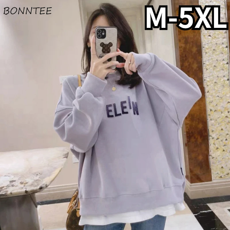 

M-5XL Fake Two Pieces Sweatshirts Women Letter Designed Comfort All-match Autumn Warm Simple Korean Style Age-reducing Popular