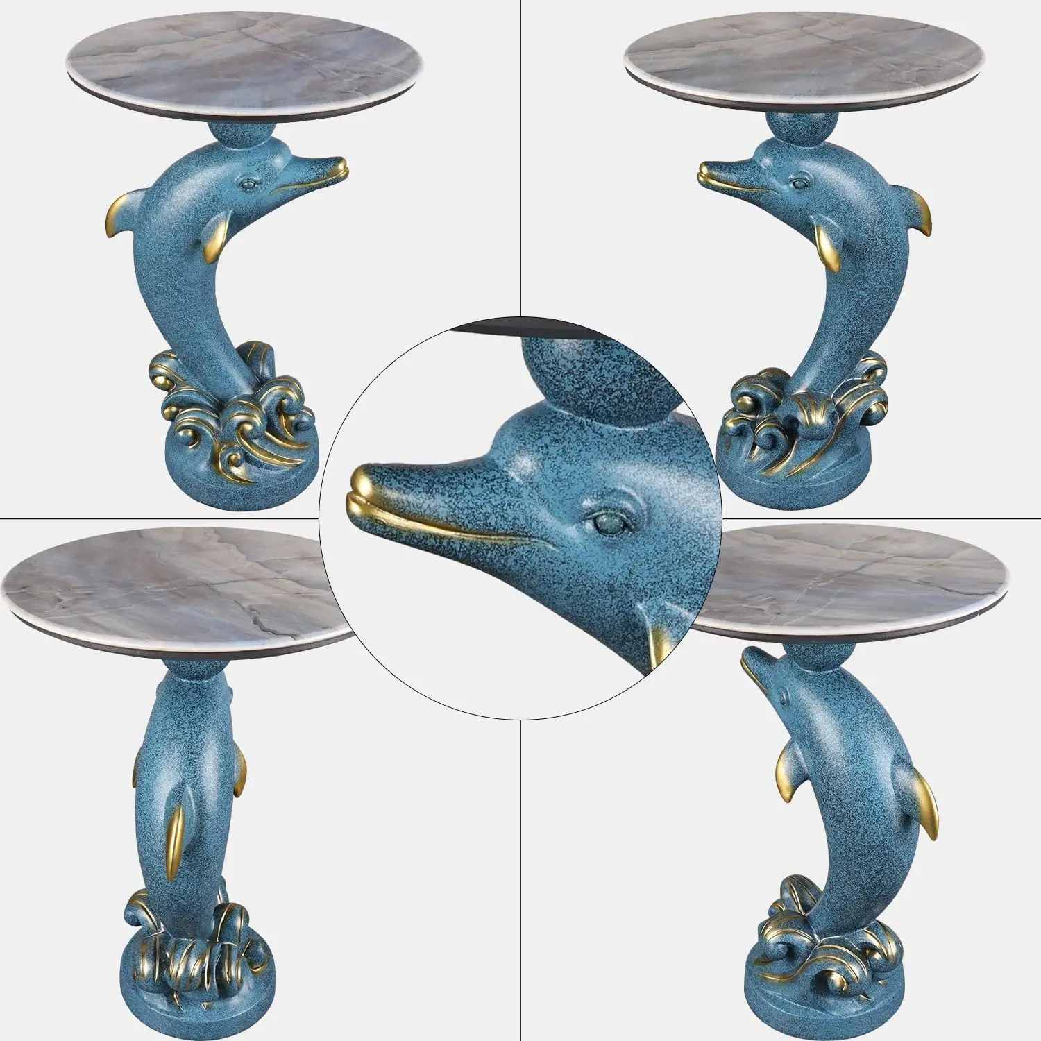 Modern End Table Living Room - Dolphin Statue Base Small Round Cocktail Terrace Coffee Side Table Unique Decoration For Office