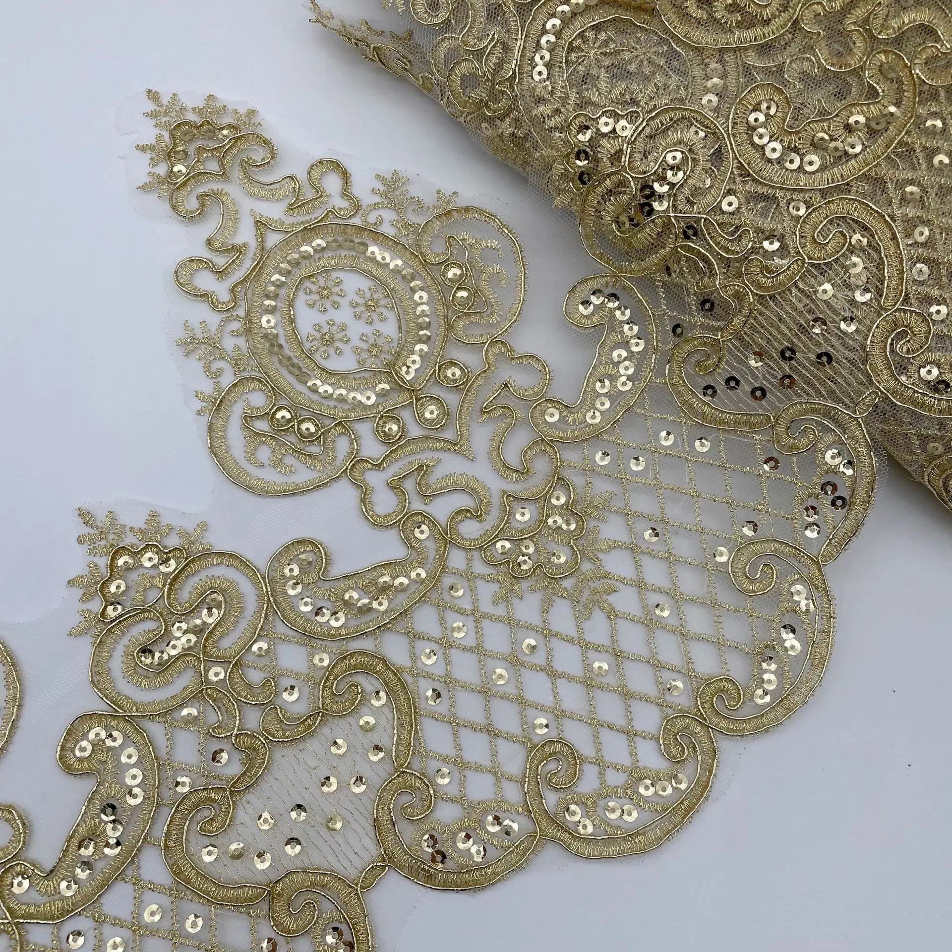 1 Yard 24cm wide Gold white Thread Cording Lace Embroidery Lace Dress Home Textile Sequin Triming Dance Clothes DIY Materail