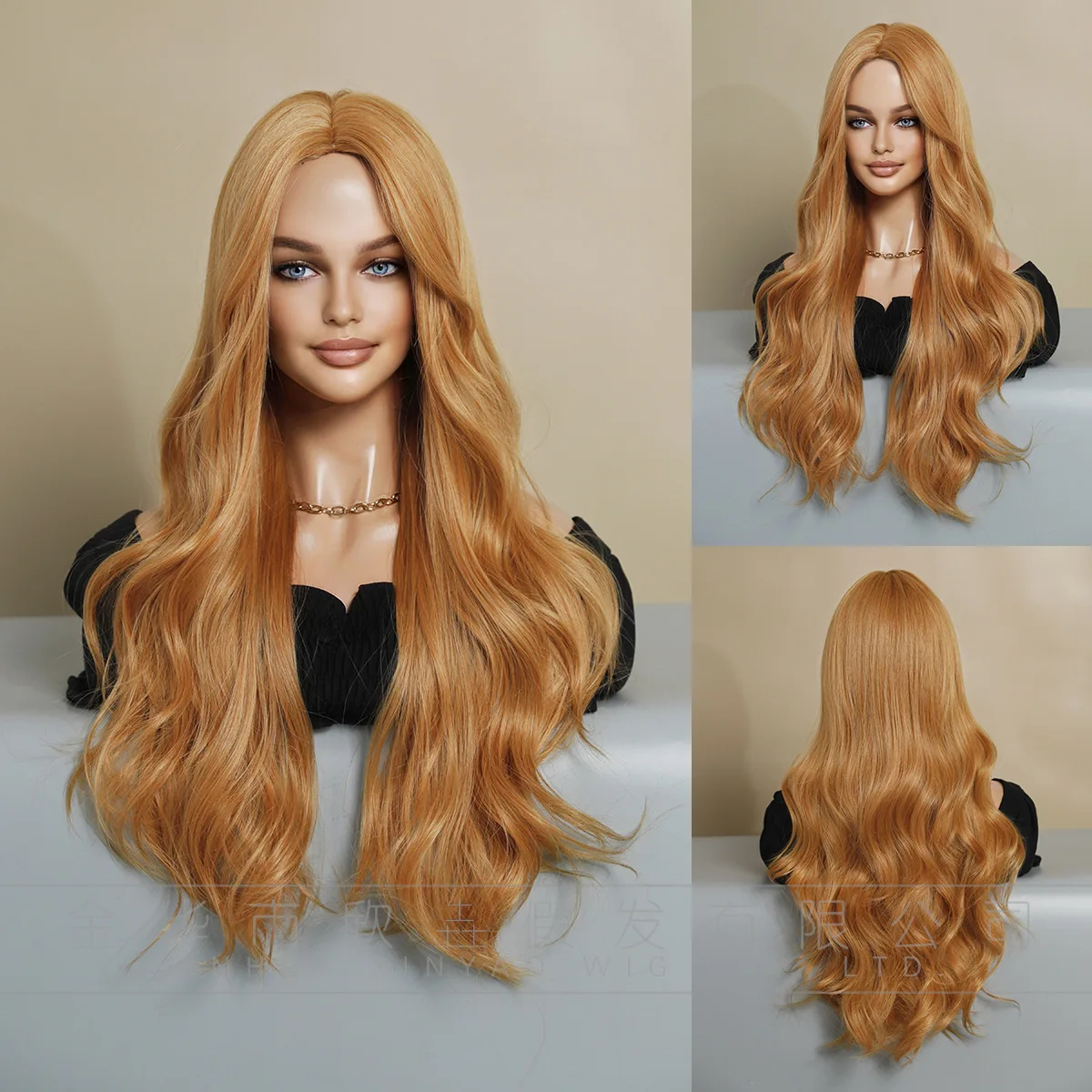 Long curly hair, deciduous yellow , head cover, fashion wig, long curly hair