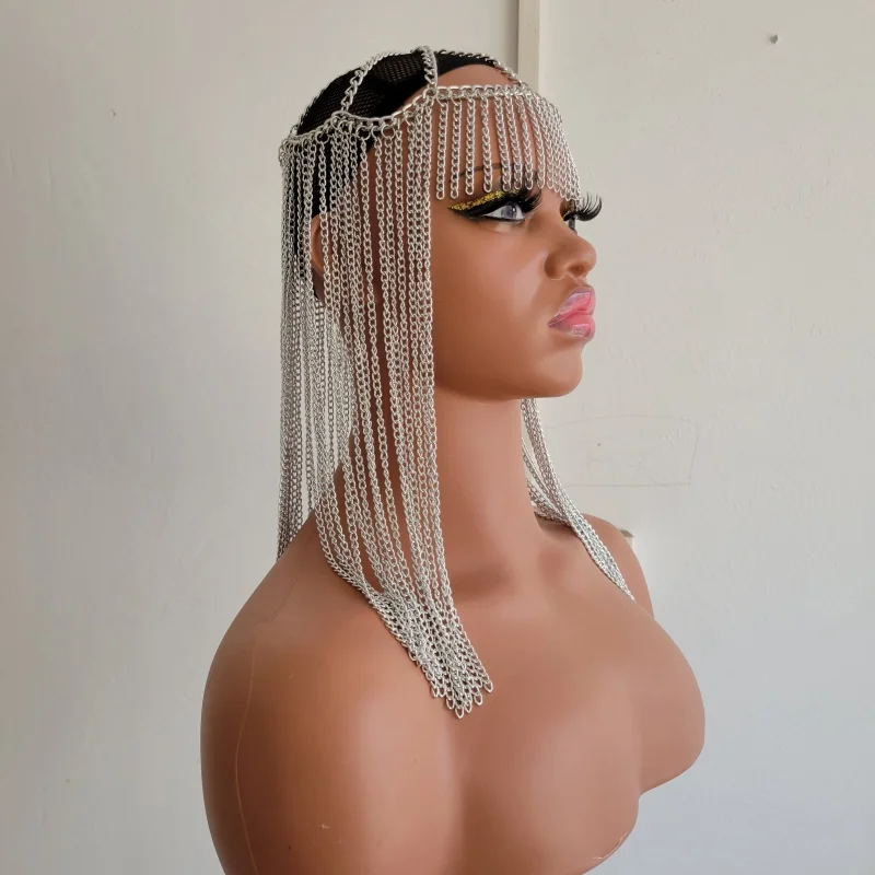 Damen Haarschmuck mit Quasten und Metallketten, Fransen-Kopfschmuck, hohles Netz-Kopfband für Nachtclub, Rave, Festival, Cosplay, Party, Körperkette – Detail 2
