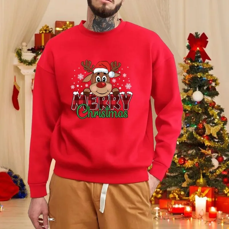 

Christmas elk round neck pullover fall and winter men's casual long-sleeved cute Merry Christmas red sweater