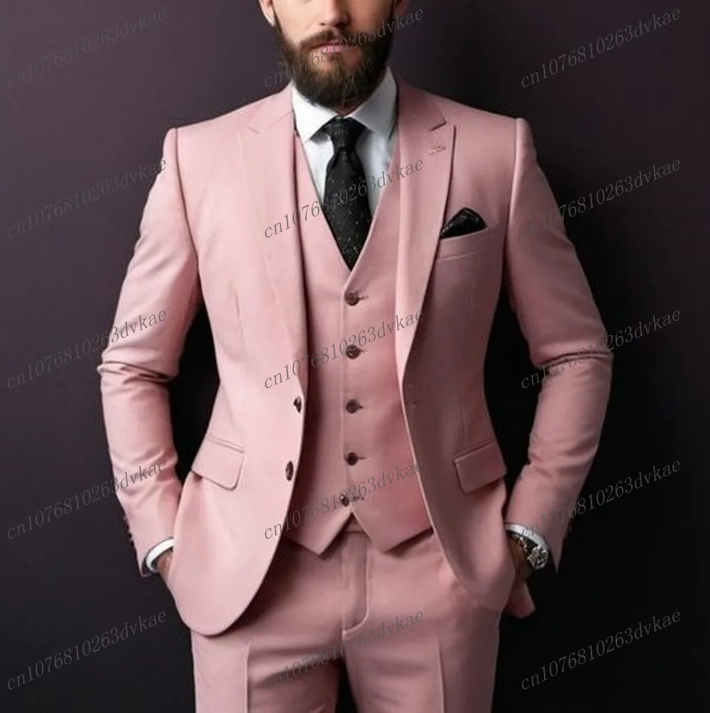 

New Pink Formal Occasion Men Suit Groom Groomsman Wedding Party Prom Business Male Tuxedos 3 Piece Set Jacket Vest Pants