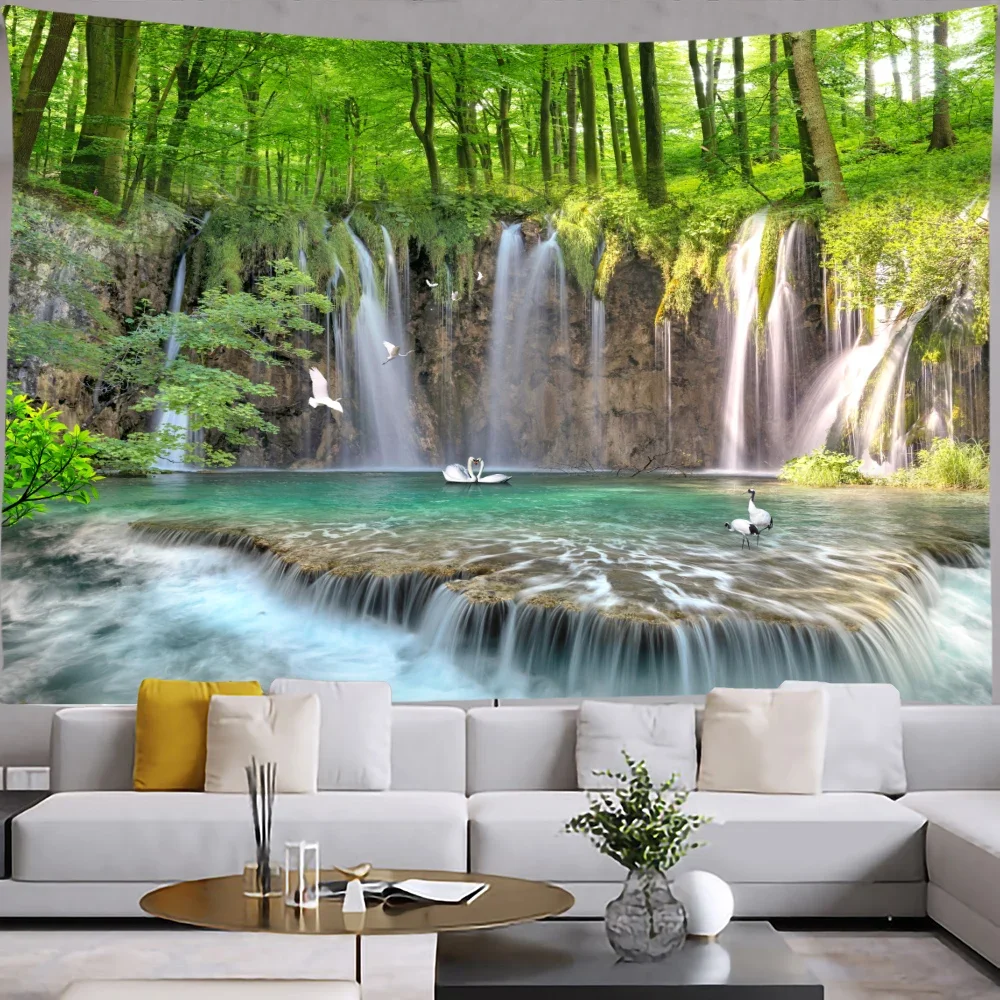 Forest Waterfall Tapestry Wall Hanging  Boho Home Decor Landscape Tapestriees Bedroom Decoration Kawaii Room Decor Wall Art