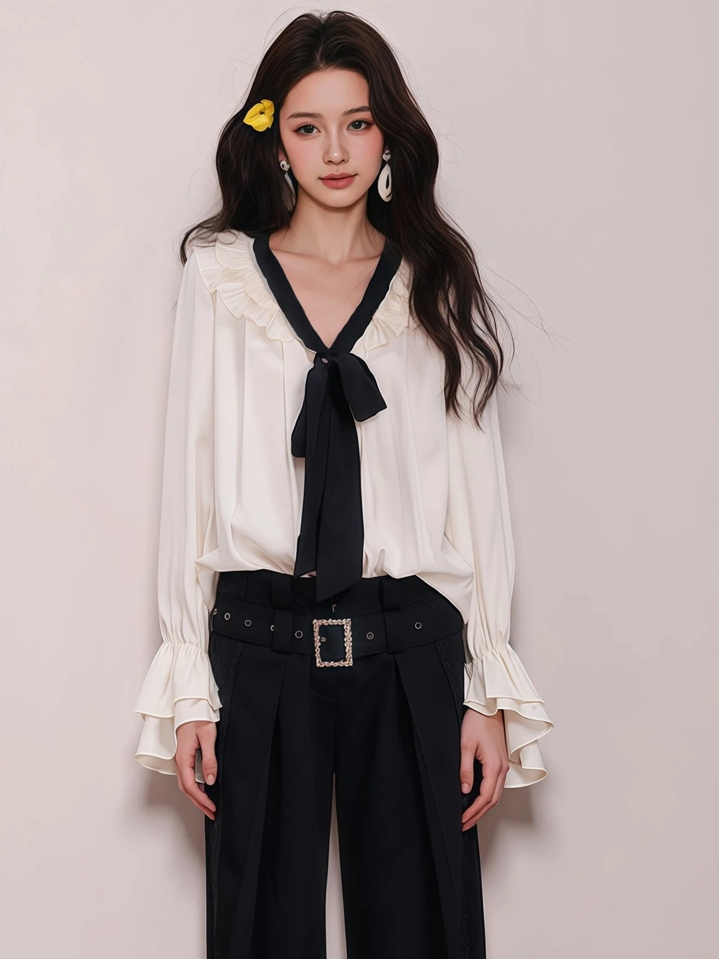 

Gentle Lace Trim Soft Chiffon Shirt Elegant Versatile Spring 2026 Beautiful French Style Loose Fit Long Sleeve Women's Blouse