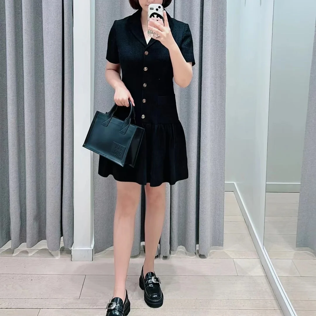 

Coarse tweed dress for commuting black suit collar, short sleeved short French niche 24 early autumn Women clothing