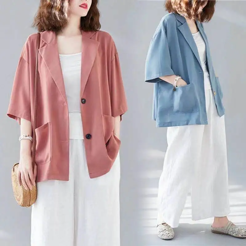 2024 New Summer Minimalist Commuting Casual Lazy Style Oversize Fashion Versatile Mid Sleeved Suit Jacket Women's Clothing