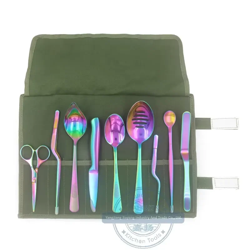 (ALCT-ST004-Scissors Set) 9-piece professional chef platter tool set, including spoon, scissors, knife, tweezers, spatula,