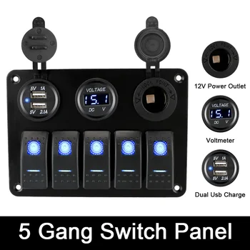 Waterproof 12/24V Outlet Combination with Fuse 5 Gang LED Rocker Switch Panel Dual USB Slot Socket Digital Voltage Switch