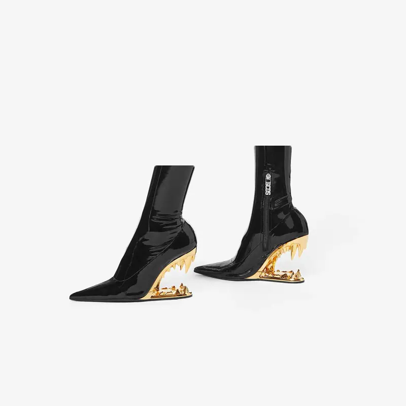Women's Pointed Toe Shark Tooth Heel Ankle Boots, Patent Leather/Stretch Fabric Slip-On High Heel Booties