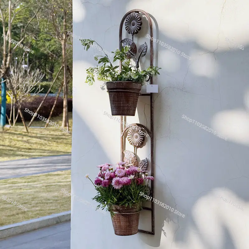 European Wrought Iron Wall Flower Stand, Outdoor Balcony Hanging Plant Pot Rack for Courtyard