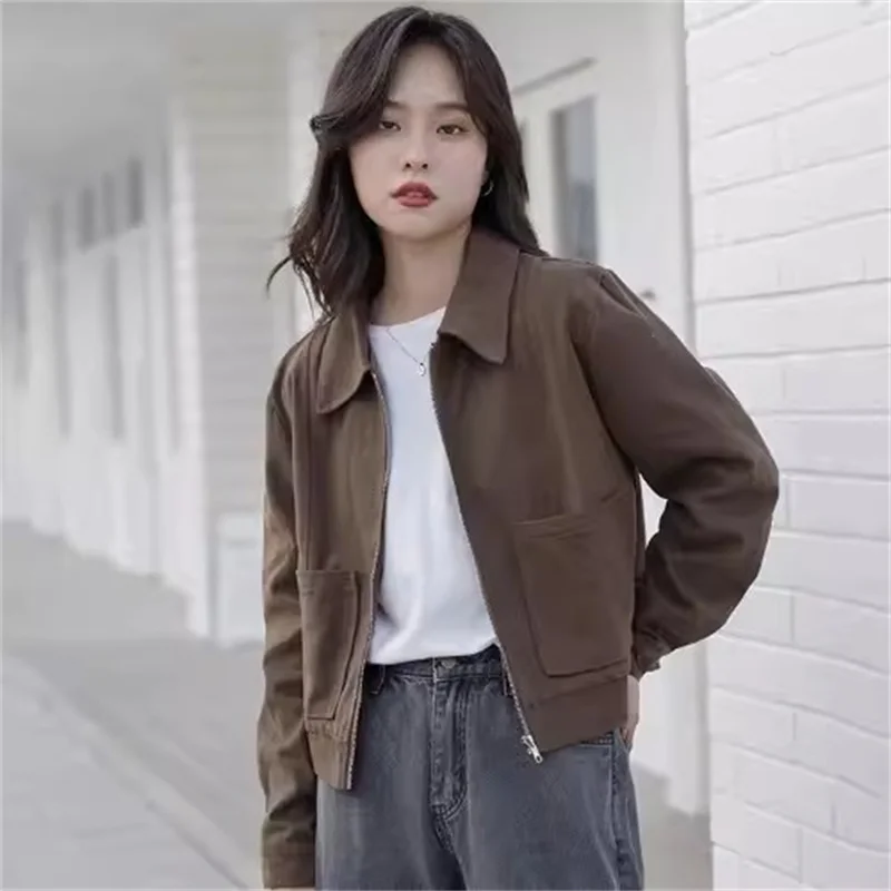 

2024 Autumn New Retro Instagram Loose and Versatile Korean Zipper Workwear Women's Coat Pocket Short Solid Color Commuter Long S