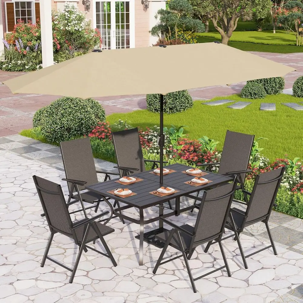 

7-Piece Patio Dining Set with Umbrella, Outdoor Table and Chairs, Black Adjustable Backrest Chairs