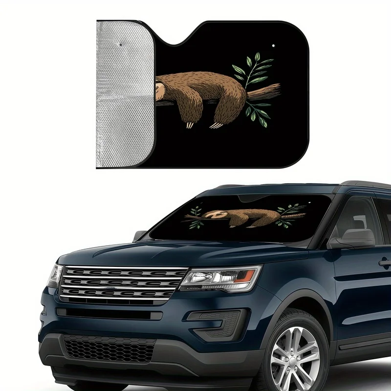 Sloth on Branch Illustration Car Sunshade, Heat-Resistant and Scratch-Proof Includes Suction Cups for Installation