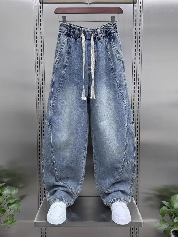 Duże Rozmiary 300 Pou Letnie Nowe Jeansy Vintage z Przeszyciami Męskie Damskie Modne Luźne Młodzieżowe Spodnie z Sznurkiem i Kieszeniami Casualowe Szerokie...