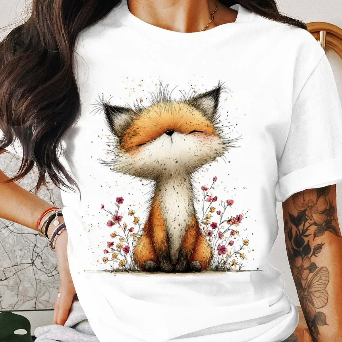 

Clothing T-Shirt Women's Cartoon Cute Fox Flower Pattern Casual Basic Women's Round Neck Style Printed Popular White T-Shirt