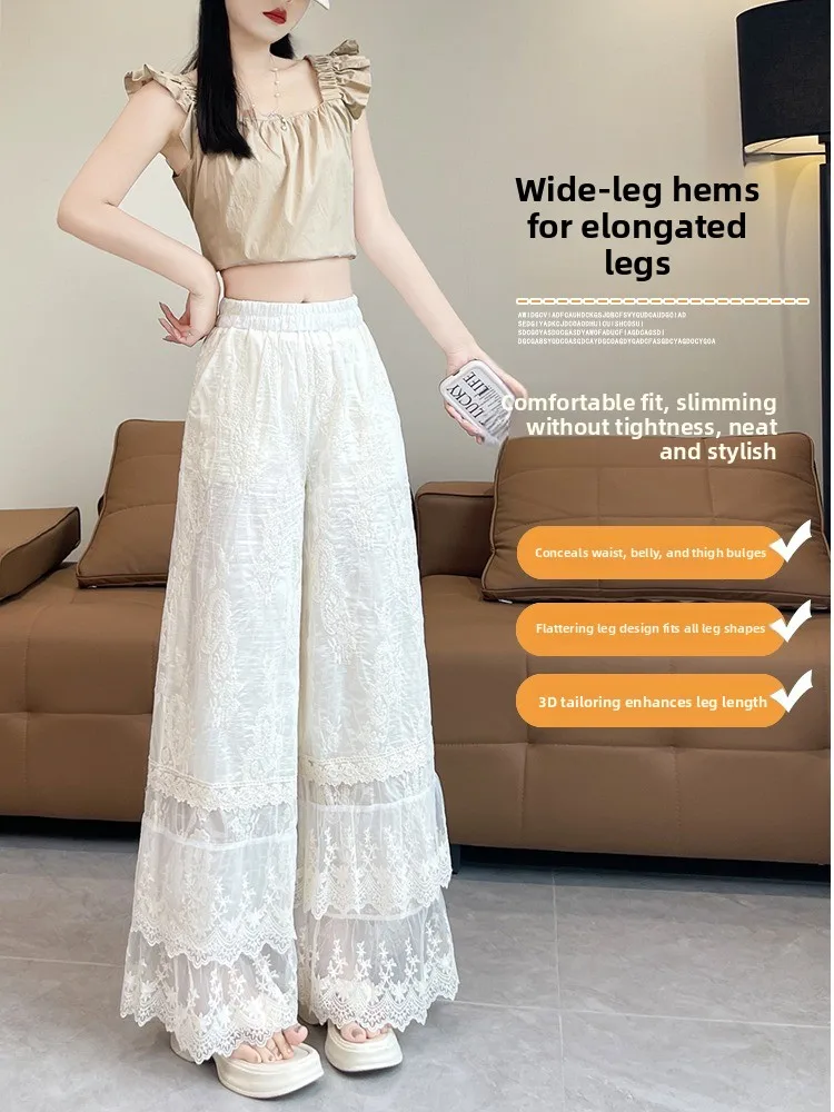 Elegant Embroidered Lace Wide Leg Pants Women Summer Casual Design Floral  Splice Slimming Drape Straight Leg Trousers