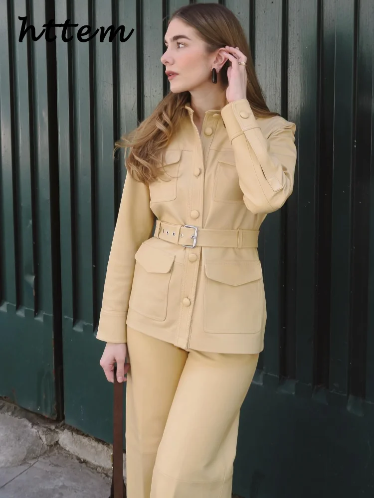 

Elegant Belt Jacket Pants Sets Women Lapel Single Breasted Pocket Coats Spliced Wide Leg Pant 2025 Spring Lady Commute Outfits