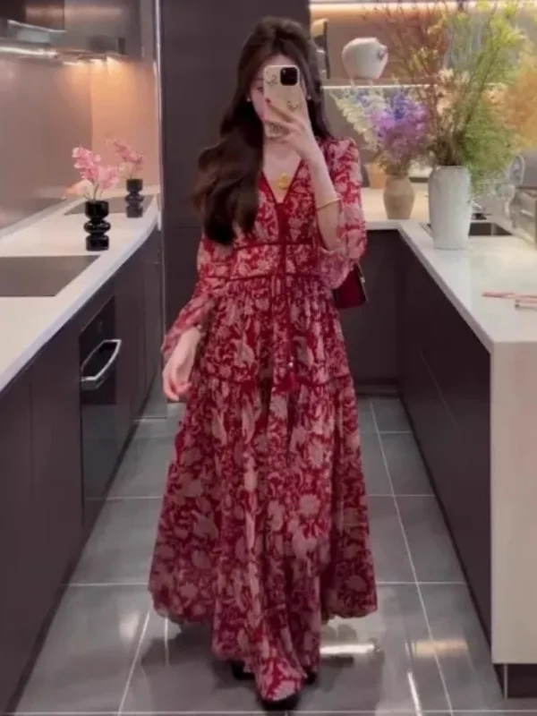 Novedad de verano Sle rojo Floral v-ne mujer Dr Eth Vintage vacaciones cintura alta A-line falda larga Sve Commute Dr