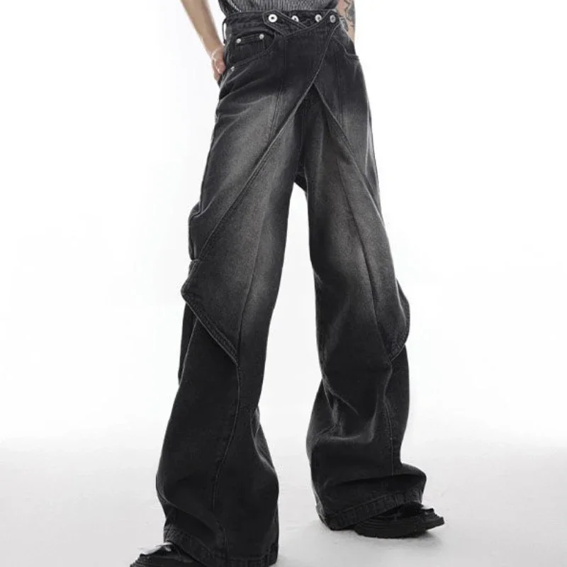 

Foufurieux Autumn Heavy Industry Niche Distressed Washed Jeans Men Women Loose Casual Deconstructed Bell Bottoms Wide Leg Pants