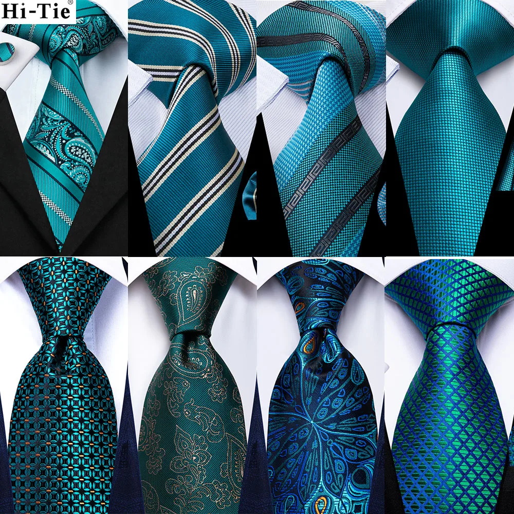 Teal Green Striped Luxury Designer Silk Wedding Tie For Men Handky Cufflink Mens Necktie Fashion Business Party Dropship Hi-Tie