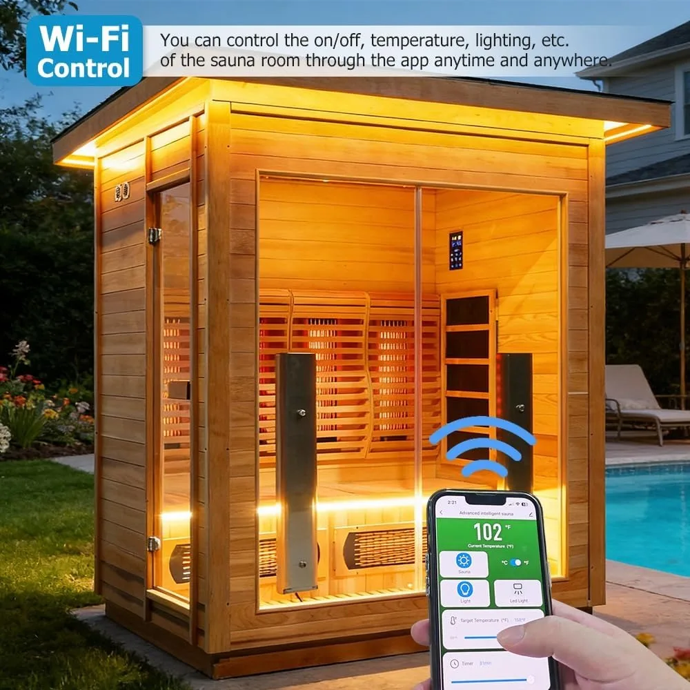3-4 Person Hybrid Wood Sauna, WiFi Control Hemlock Steam & Infrared Spa Room with Red Light