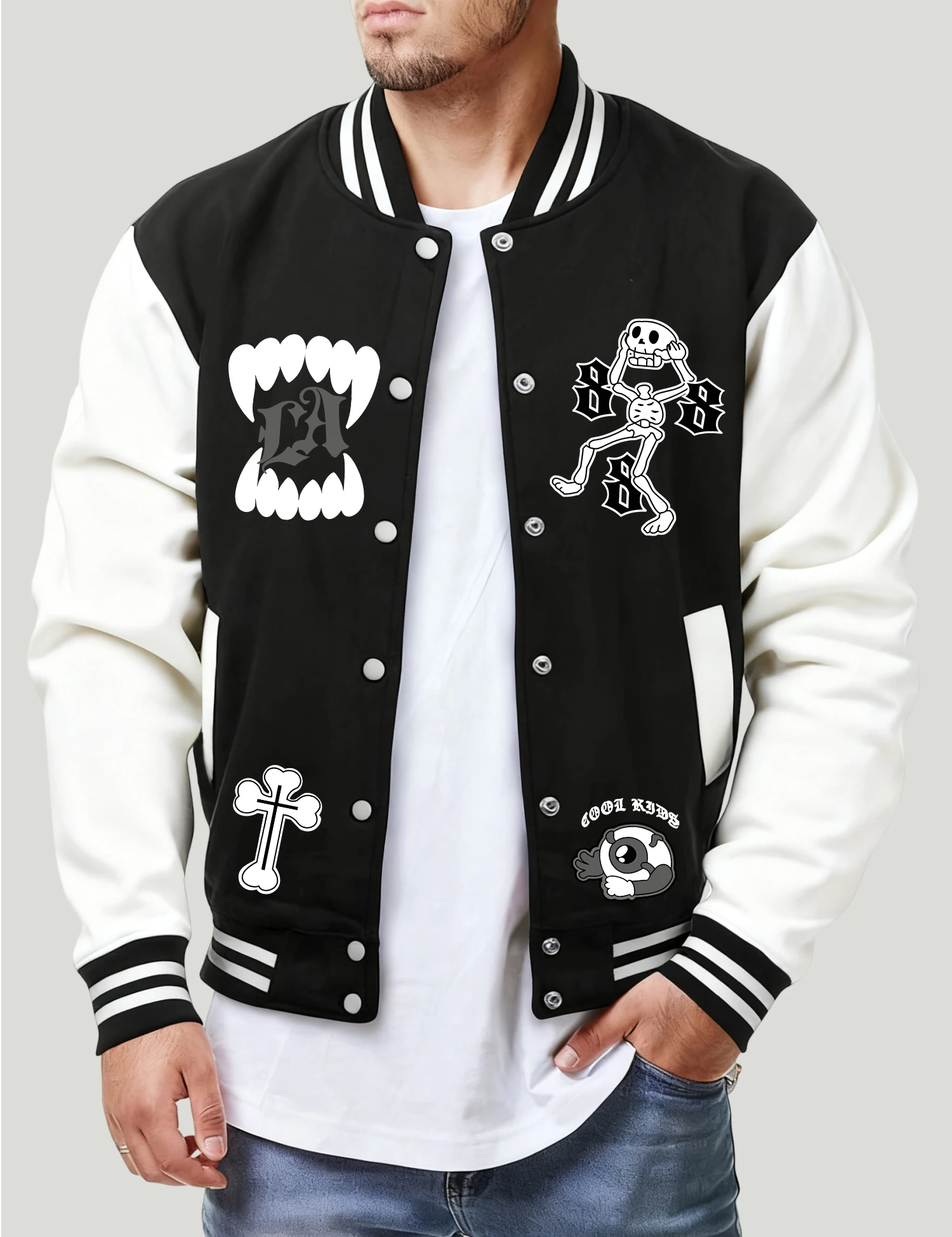 

Skeleton Man With Open Mouth Print Jackets Men Fashion Fleece Pullover Retro Creative Clothes Vintage Pocket Loose Mans Jacket
