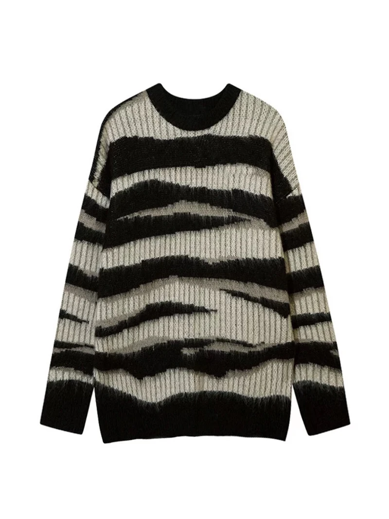 Autumn Winter New Knitted Cashmere Unisex Vintage Lazy Atmosphere Irregular Striped Design Knitwear round Neck Sweater
