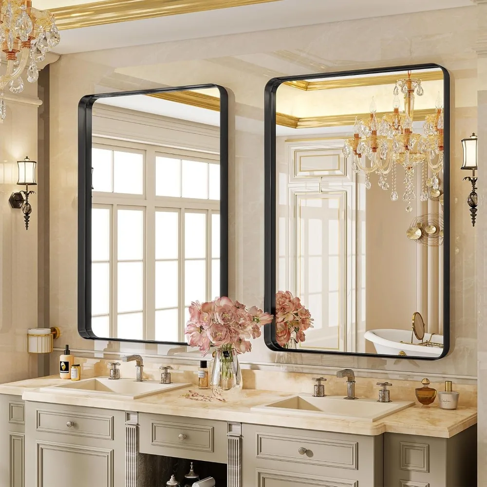 24x32 Zoll Badezimmerspiegel mit schwarzem Rahmen, modernes rundes Eckdesign für Schlafzimmer, Wohnzimmer, hängend oder anlehnen