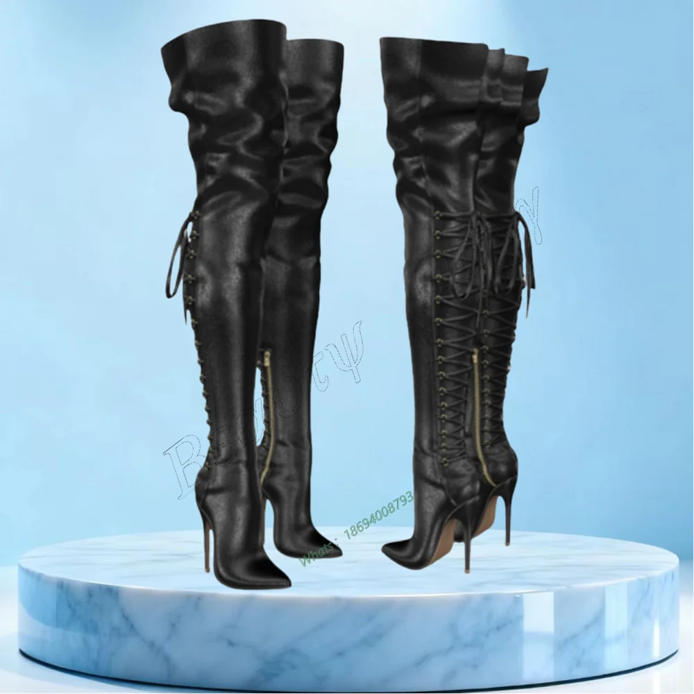 

Black Back Lace up Long Boots Side Zipper Thigh High Spike High Heel Shoes Solid Sexy Women Shoes New Zapatos Para Mujere