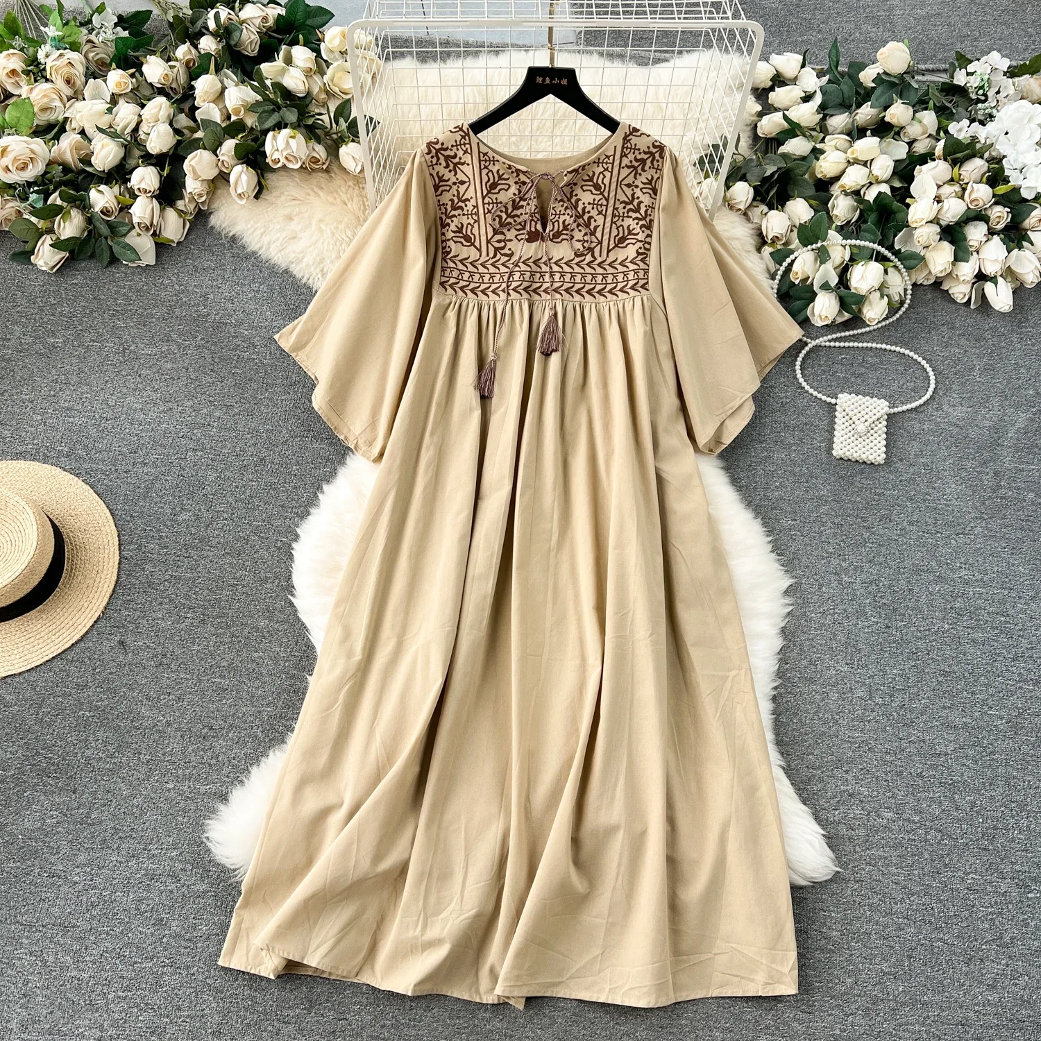 

Chic Embroidered Elegant Short Sleeve O-neck Tassel Dresses Vintage Korean Fashion Beach Vacation Casual Women Summer Clothing