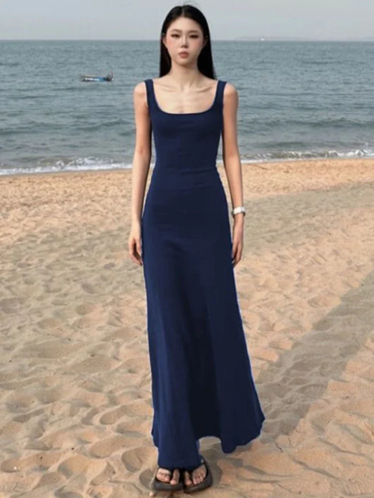 فستان نسائي على شكل حرف a تونيك عصري ماكسي مثير على طراز الشاطئ فيستدوس هوتسويت أشرطة سباغيتي للنوادي الليلية الصيف Y2k عطلة جمالية
