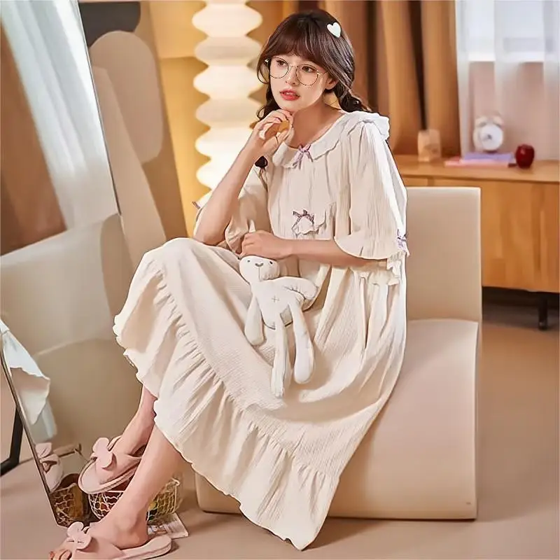 Frühling Sommer Damen Spitzen-Freizeitnachthemd Mädchen Kurzarm Bar-Pad Schleife Pyjama Damen Locker Sitzende Knielange Hauskleidung