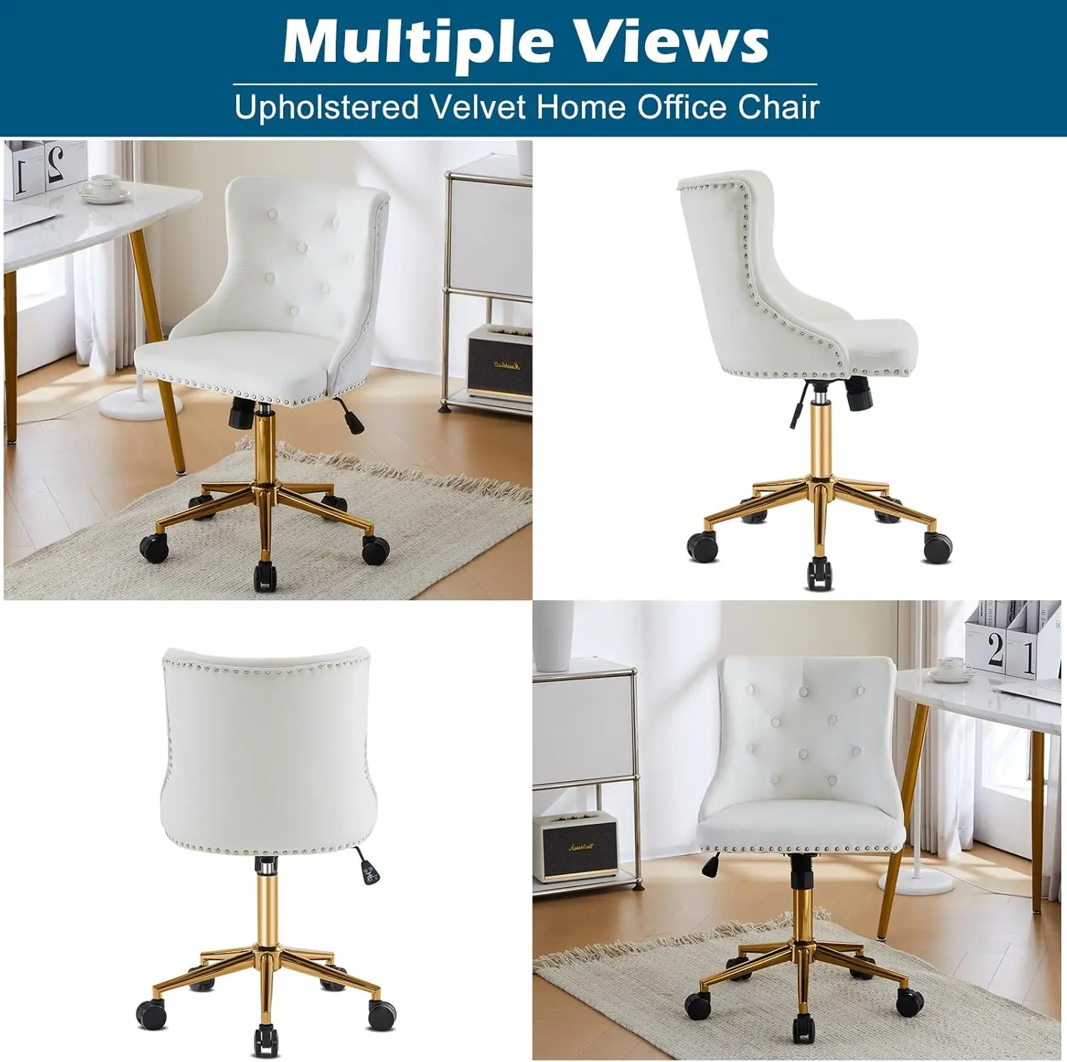 Silla de escritorio de oficina sin brazos de terciopelo blanco con base dorada - Silla de maquillaje pequeña para comodidad en el dormitorio