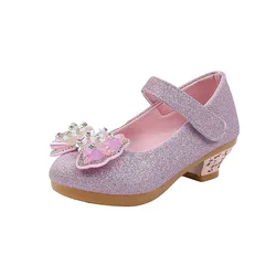 Children's Leather Shoes Spring Autumn Versatile Girls High Heels for Princess Party Fashion Sweet Bowtie Kid Causal Dress Shoes