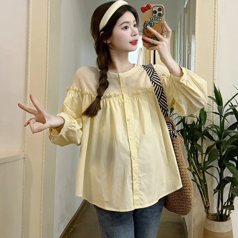 

Autumn Pregnant Women's Clothing Long Sleeve O-Neck Ruffles Patchwork Button Fly Maternity Shirts Loose Sweet Pregnancy Blouses