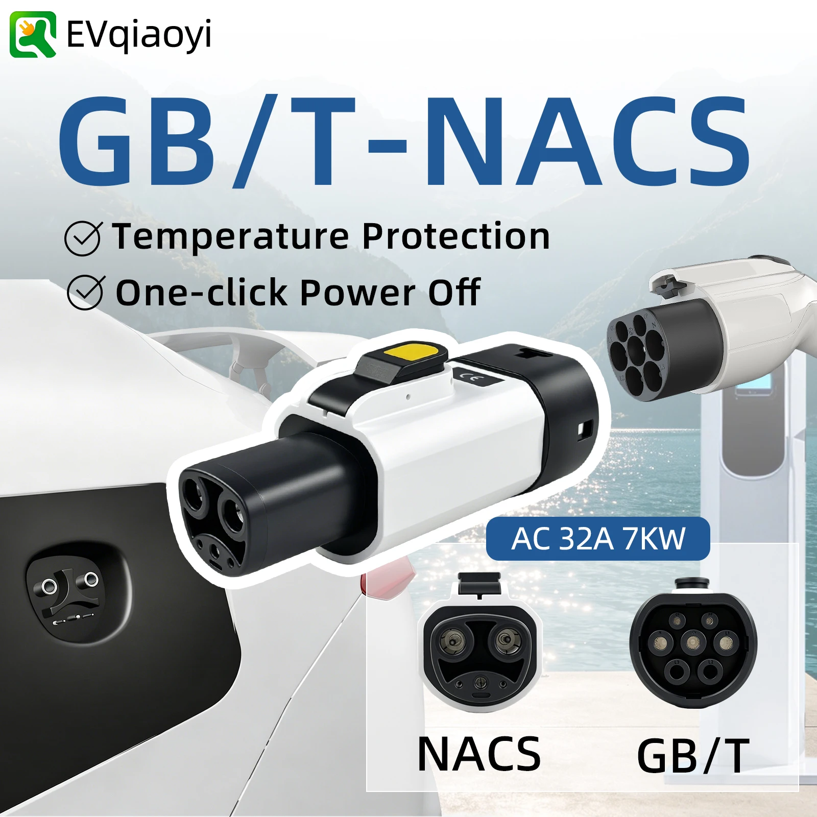 EVqiaoyi GB/T to NACS EV Adapter 32A 7KW GB/T EV Adapter for Tesla EVs Converter with Temperature Control for Fast Safe Charging