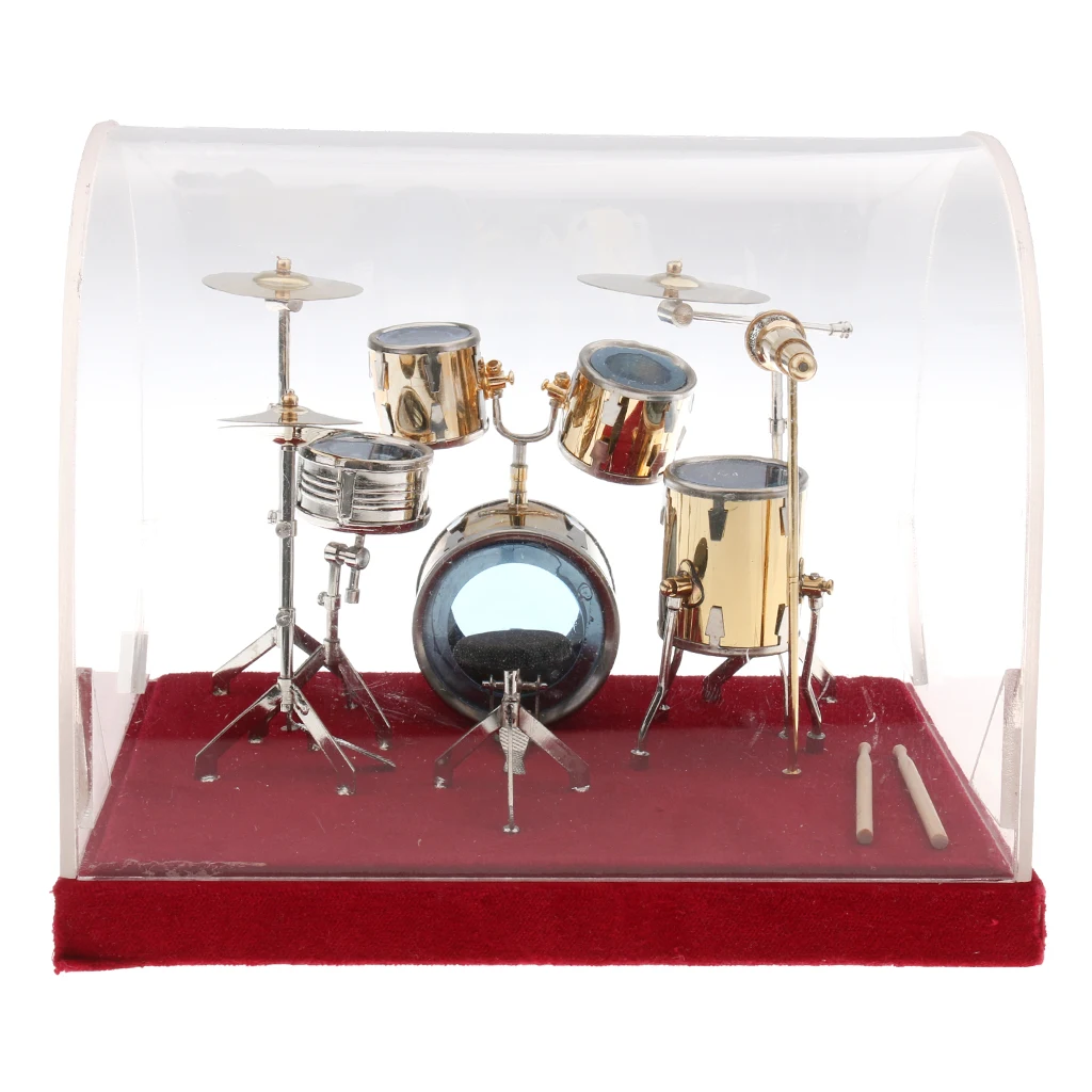 Ensemble de batterie Miniature en cuivre pour maison de poupée, modèle avec boîte d'affichage, décoration d'instrument de musique, 1/12