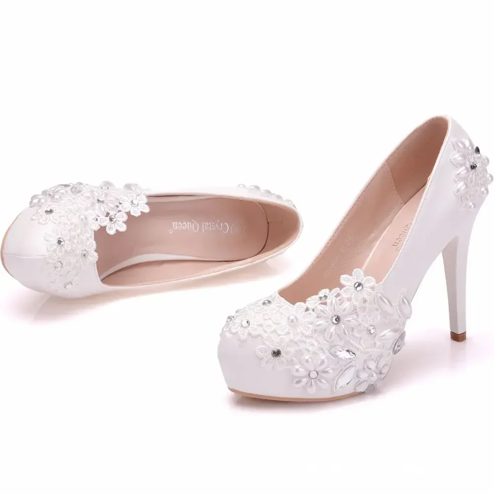 Sexy High Heels Women Pumps Wedding Platform Rhinestone Flower PU 14CM Thin Heels Slip on Office Ladies Slip on Shoes Woman