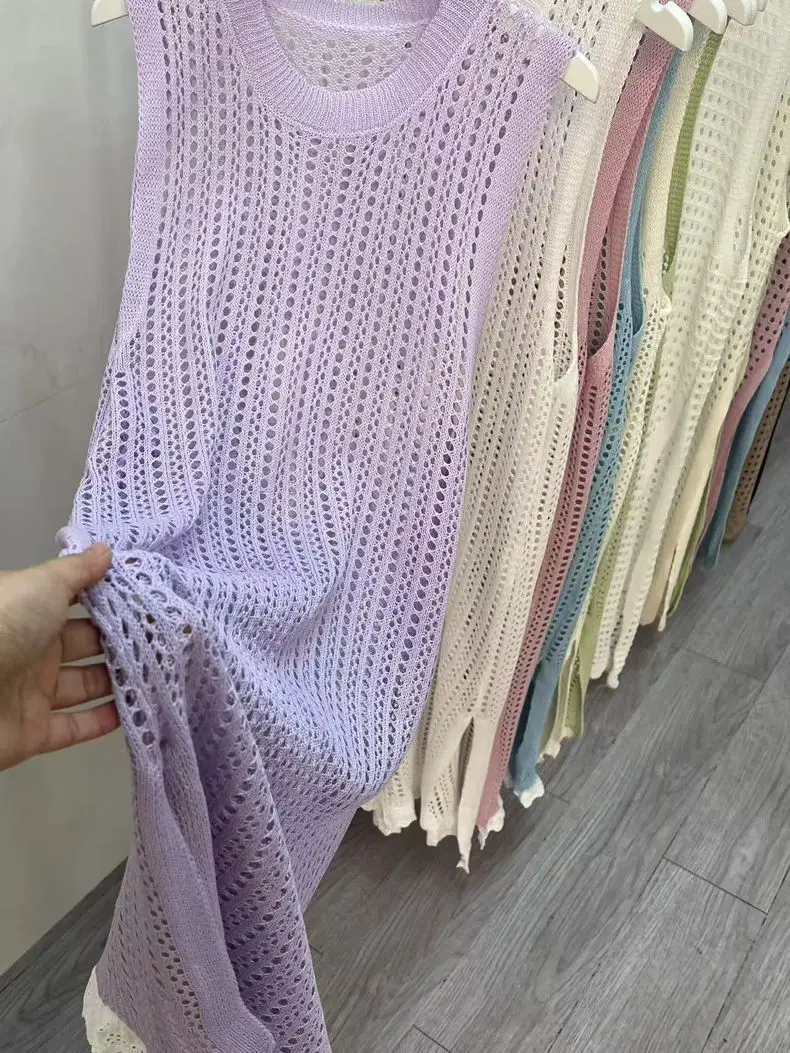 Dresses for Women Summer New High-end Designed Loose Simple Casual Temperature Niche Chic Hollow Slit Mid-length Knitted Dress